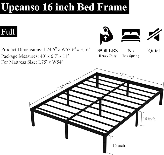 Upcanso 16 Inch Full Size Bed Frame No Box Spring Need, Metal Platform Full Bed Frames with 14 Inch Storage, 3,500 lbs Heavy Duty Steel Slats Support, Easy Assembly Mattress Foundation