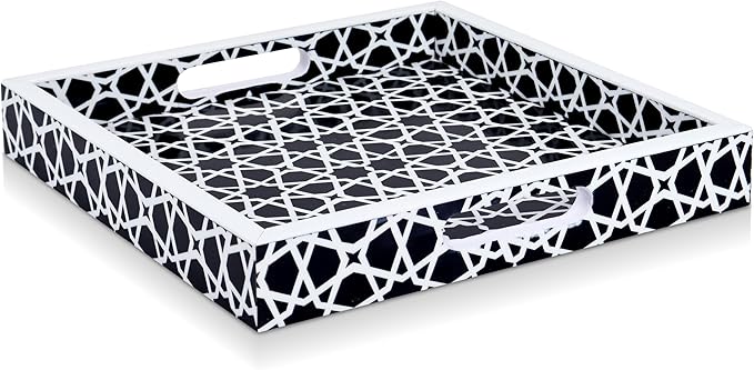 Handicrafts Home 12x12 Ottoman Tray with Handles, Black White Zellij Pattern Decorative Tray, Wood & Resin Inlay Square Coffee Table Serving Tray for Centerpiece, Vanity, Boho Modern Home Decor