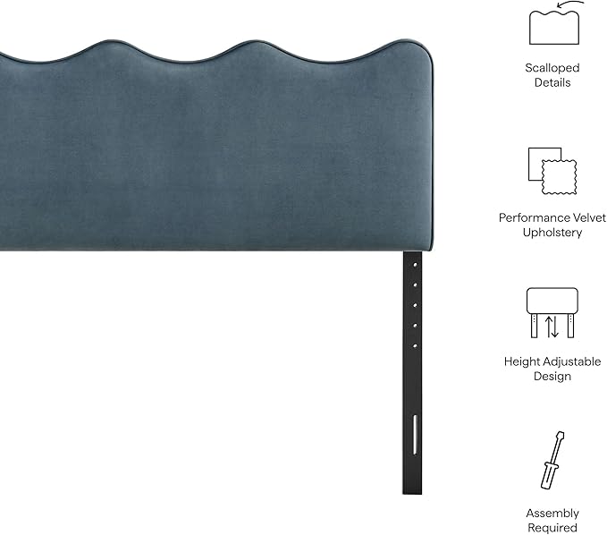 Monday Athena Queen Size Performance Velvet Adjustable Headboard in Cadet Blue - with Scalloped Wave Design and Stain-Resistant Velvet Upholstery