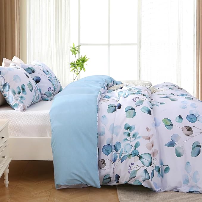 MUXHOMO Duvet Cover Full Size, Reversible Floral Blue Duvet Cover Set with Zipper Closure, 3 Pieces Botanical Patterns Soft Microfiber Bedding Set with 4 Ties (80"x90", 2 Pillow Cases)