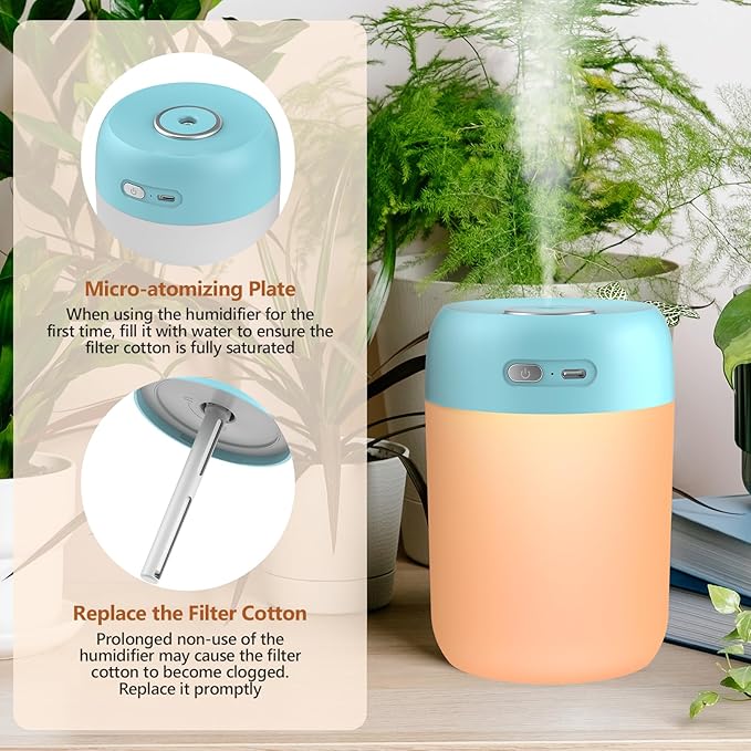 Portable Small Humidifier, 650ml Colorful Mini Humidifier for Bedroom, Office Desktop, Baby Room, Plants, Cool Mist Humidifiers(Blue)