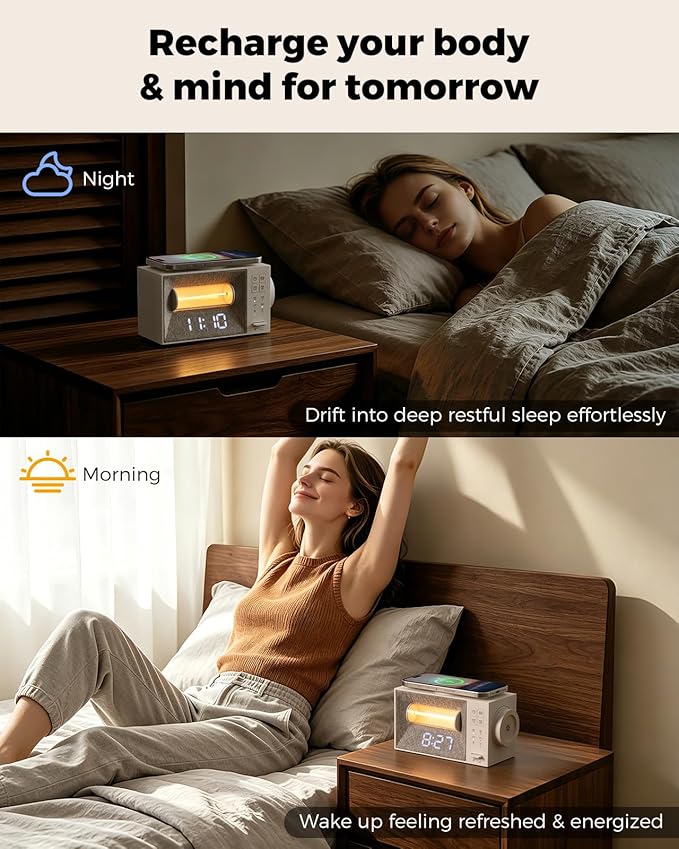Alarm Clock with 15W Wireless Charger, White Noise Machine with 20 Soothing Sounds, Sunrise Wake Up Light for Bedrooms, Dimmable Bedside Clock with Dual Alarms, Gift for Kids and Adults