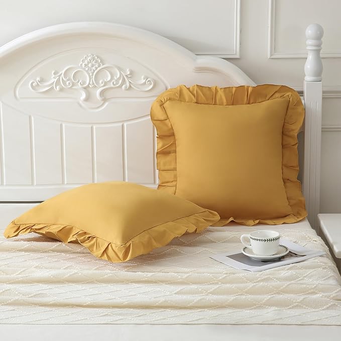 Merryword Mustard Yellow Pillowcases 18x18 Throw Pillow Covers Pack of 2 Soft Microfiber Ruffle Decorative Pillowcase Cushion for Couch Sofa Bedroom