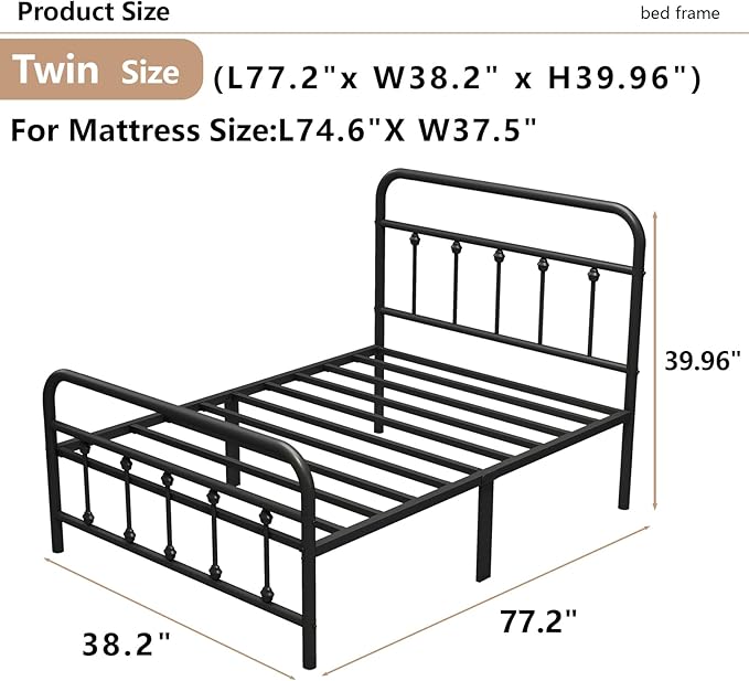 Vengarus Metal Bed Frame,Twin Size Bed Frame with Headboard,Structurally Stable, Heavy Duty Steel Slat Supported,Under Bed Storage,No Box Spring Needed,14 Inch,Black