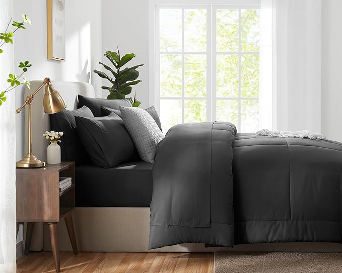 CozyLux Twin Comforter Set with Sheets Dark Grey, 5 Pieces Bed in a Bag, Dark Gray Comforter Twin Size, All Season Bedding Set with Stitch Quilted Comforter, Flat Sheet, Fitted Sheet, Pillowcases
