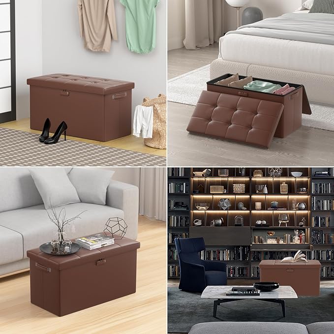 DocSafe Storage Ottoman Bench with Lock,Fireproof 30 Inches Folding Bench Foot Rest Stool Storage Chest Safe for Living Room,Bedroom,Home Office,Waterproof Leather Ottoman with Handles,Brown