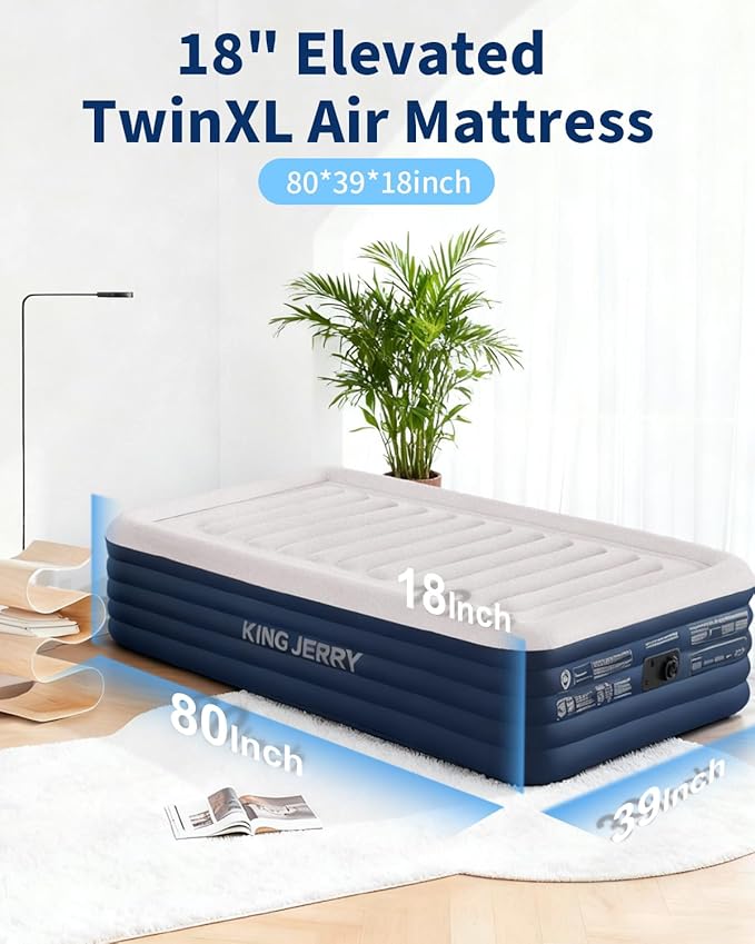 KINGJERRY Twin XL Air Mattress with Built in Pump, Upgraded 5-Layer Air Chamber, 18" Raised Inflatable Mattress, 500 lbs Heavy-Duty Support, 48Hr Leak-Tested Blow Up Bed for Home Guests & Camping