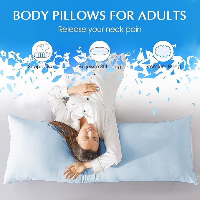 Body Pillow Insert - Breathable Full Body Pillow for Side Sleeper - Soft Long Bed Pillow for Adults - 20 x 54 inch-Blue