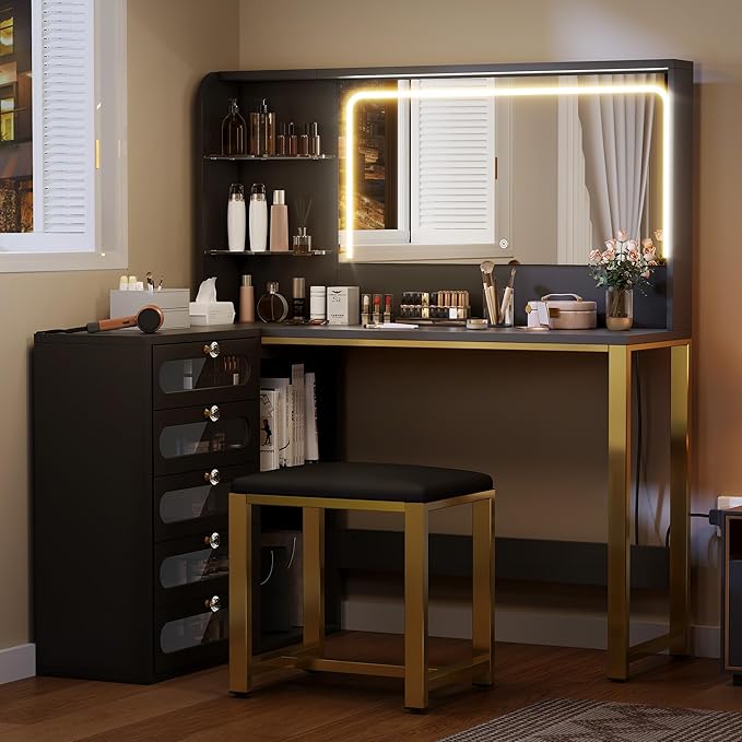 YITAHOME Vanity Desk Set- L Makeup Vanity with Mirror and Lights 3 Lighting Modes, 48" Large Makeup Table with 5 Tempered Glass Drawers with Open Storage Shelves Vanity Table, Black