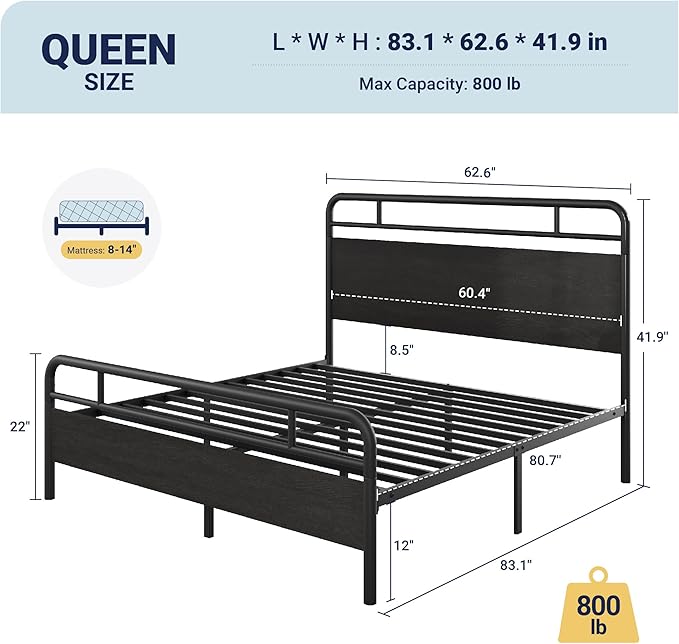 Allewie Queen Size Platform Bed Frame with Wooden Headboard and Footboard, Heavy Duty 13 Metal Slats Support, Under-Bed Storage, No Box Spring Needed, Noise Free, Easy Assembly, Black Oak