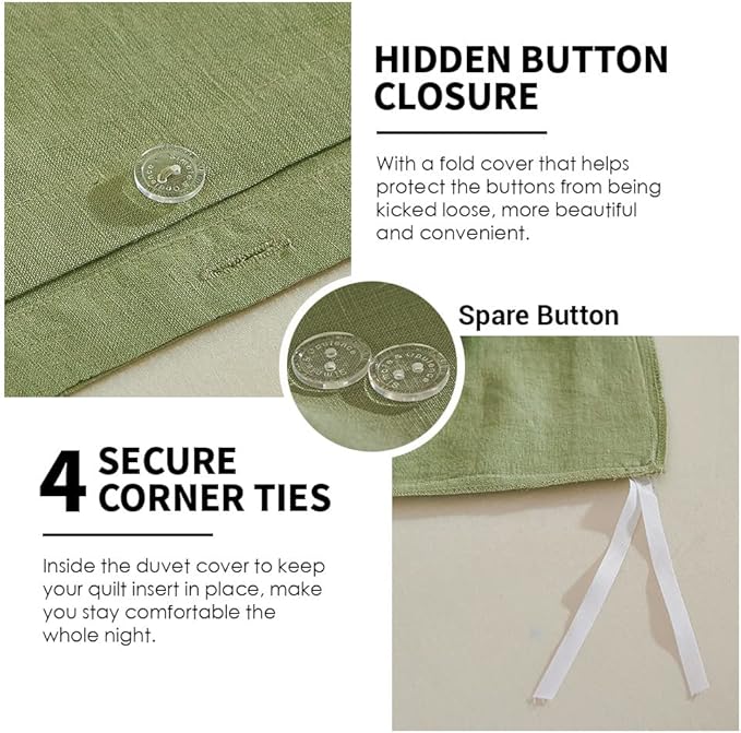 Simple&Opulence 100% Washed Linen Duvet Cover Set 5pcs(1 Duvet Cover& 2 Shams& 2 Pillowcases) Basic Style Natural French Flax Soft Breathable Farmhouse Bedding (King, Sage Green)
