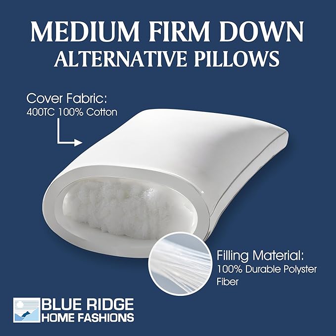 Blue Ridge Home Fashions Medium Soft Bed Pillows Queen Size Set of 2, 400 Thread Count 100% Cotton, Never Go Flat Down Alternative Gusseted Support Pillow for Back or Side Sleepers, Standard, White