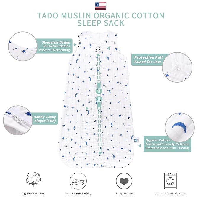 TADO MUSLIN Toddler Sleep Sack 2-4T, 0.5 TOG Lightweight Wearable Blanket for Baby, 100% Organic Cotton Muslin 4 Layers, Sleeveless Sleeping Bag, 2-Way YKK Zipper, OEKO-TEX Certified, Blue Star Moon