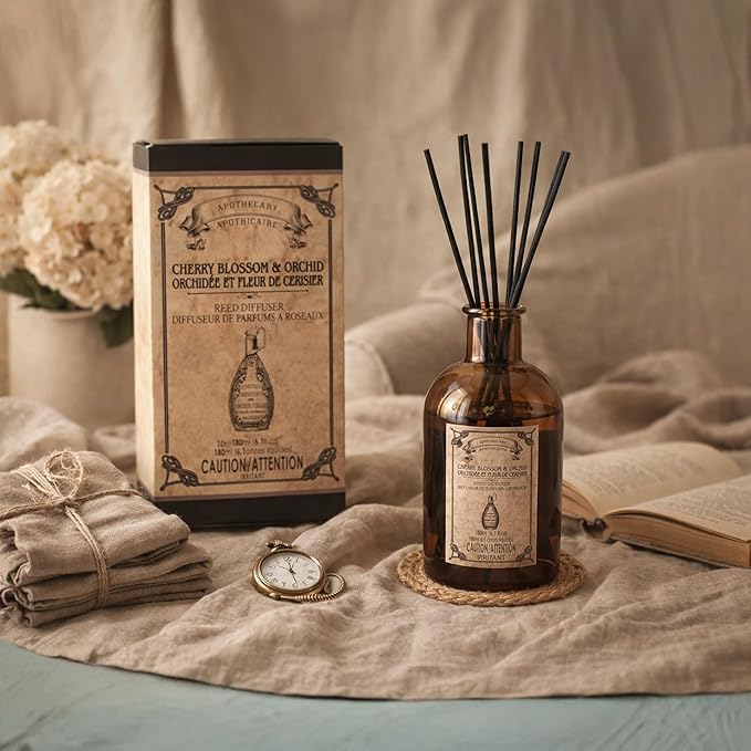 Hosley Reed Diffuser Set, 6.1 oz Cherry Blossom & Orchid Scented Diffuser with Sticks Home Fragrance Reed Diffuser for Bathroom Shelf Decor for Weddings, Spa, Reiki, Meditation & Wedding Gift