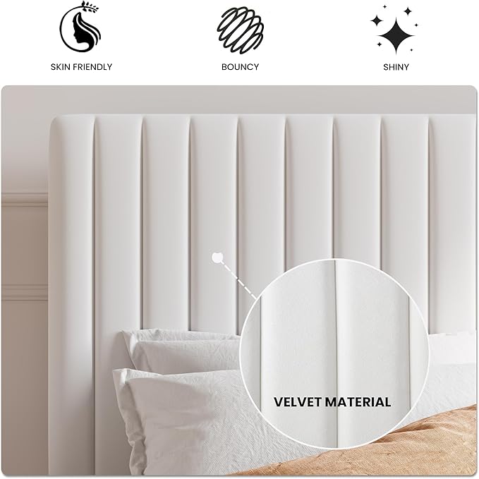 SHA CERLIN Full Upholstered Platform Bed Frame with Vertical Channel Tufted Velvet Fabric Adjustable Headboard, Wooden Slats Support, Mattress Foundation, Box Spring Optional, White