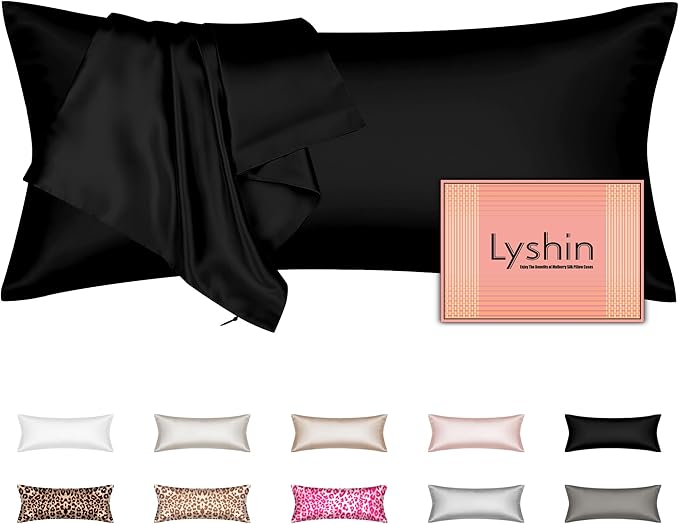 Silk Body Pillow Cover with Zipper, Mulberry Silk Pillow Cases Body Size, Ultra Smooth and Soft Breathable Cooling Silk Satin Body Pillowcase for Hair and Skin, Black (20x54 Inches, 1 Pack)