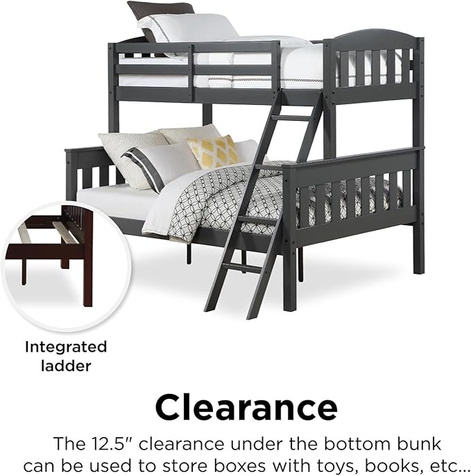 DHP Airlie Convertible Wood Bunk Bed Twin Over Full Size, Stackable and Detachable Bed Frames for Kids, Teens, Angled Ladder, High Guardrail, Wood Slats, No Boxspring Required, Grey