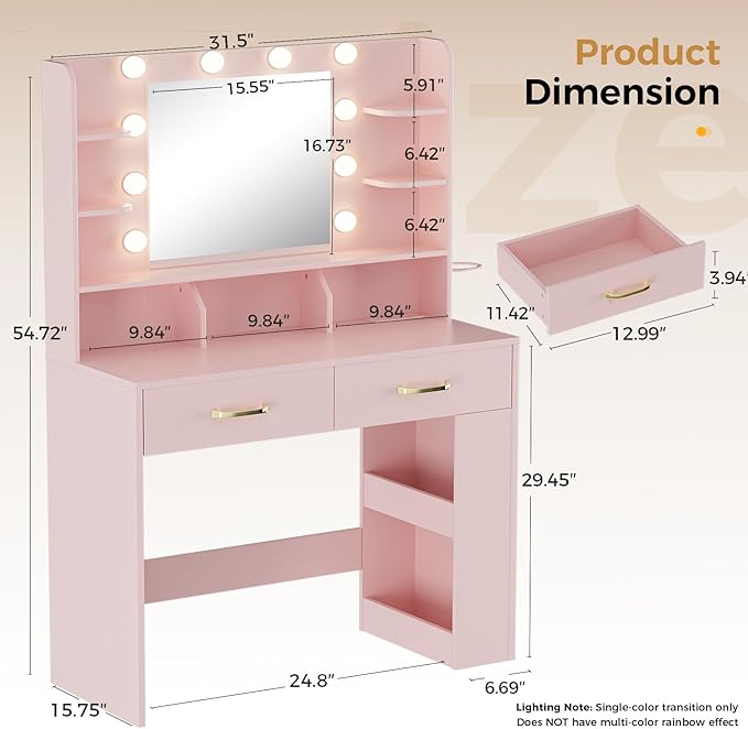 LUCKRACER Vanity Desk with LED Lights Mirror & Charging Station, Makeup Vanity with Storage Drawers and Shelves, Modern Dressing Table for Women Girls Bedroom, Pink