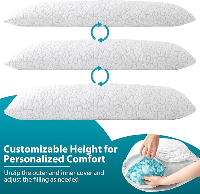 Cooling Body Pillow for Adults, Shredded Memory Foam Full Body Pillow with Adjustable Loft & Removable Washable Cover, Long Bed Pillow for Side Sleepers, Back Pain Relief (20x54 Inches)