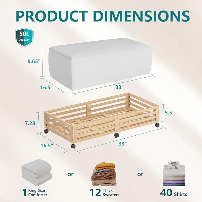 Wisuce Bamboo Under Bed Storage Containers- Underbed Organizer with Wheels with Dust Bag,Sturdy Wood Rolling Under the Bed Shoe Storage Organizer Drawers (Nature, 2 Pack (33.07"×16.54"))
