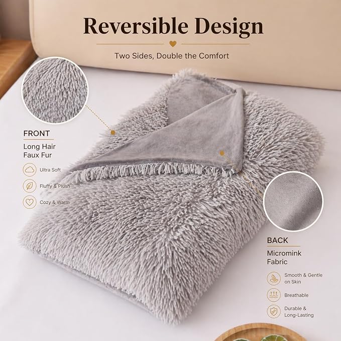 Reafort Luxury Faux Fur Body Pillow Cover 21" x 54", Long Hair PV Plush Body Pillow Case with Hidden Zipper Closure, Ultra Soft Fluffy Decorative Long Pillow Cover (Gray, Body)