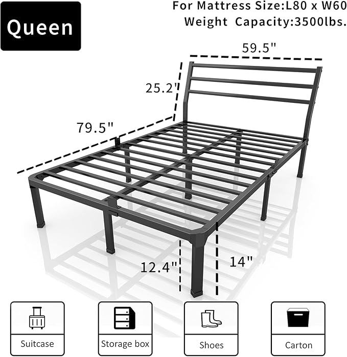 ROIL Queen Size Metal Bed Frame with Headboard, 14inch Black Heavy Duty Platform with Steel Slats Support and Mattress Stoppers, 3500LBS No Box Spring Needed, Easy Assembly Noise-Free