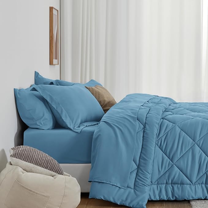 Love's cabin Queen Comforter Set Misty Blue, 7 Pieces Queen Bed in a Bag, All Season Bedding Sets with 1 Comforter, 1 Flat Sheet, 1 Fitted Sheet, 2 Pillowcase and 2 Pillow Sham | Soft, Breathable, Lightweight, Comfortable