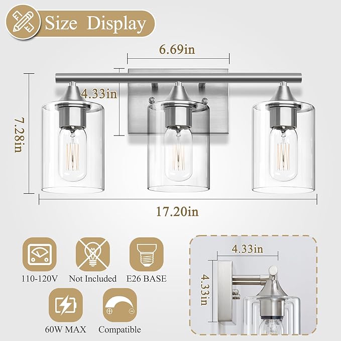 3-Light Bathroom Light Fixtures,Brushed Nickel Vanity Light,Modern Bathroom Lighting Fixtures Over Mirror,Wall Lighting Sconces for Mirror Bedroom Living Room Vanity Table Hallway