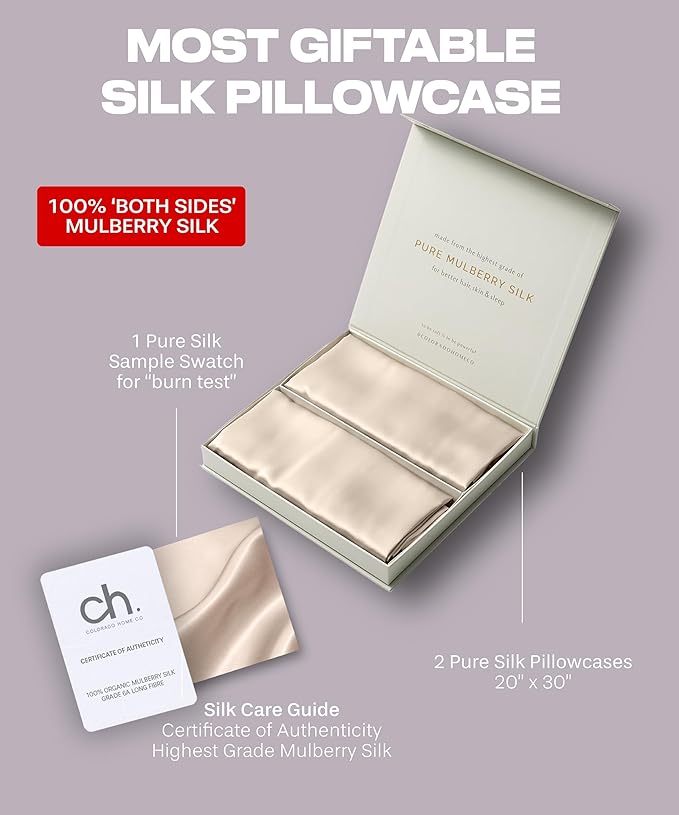 Sunday Silks™ | Silk Pillow Cases 2 Pack | 22 Momme Mulberry Silk Pillowcase Set of 2 | All Sides 100% Pure Silk Slip Pillowcases Bliss for Couples, Zipper | Standard Queen, King Size, 6A [Oat Milk]