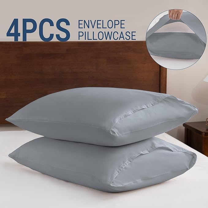 Pillowcases Standard 4 Pack, 20x26 Pillow Cases with Envelope Closure, Soft Plain Brushed Microfiber Covers Breathable Wrinkle-Resistant, Gray