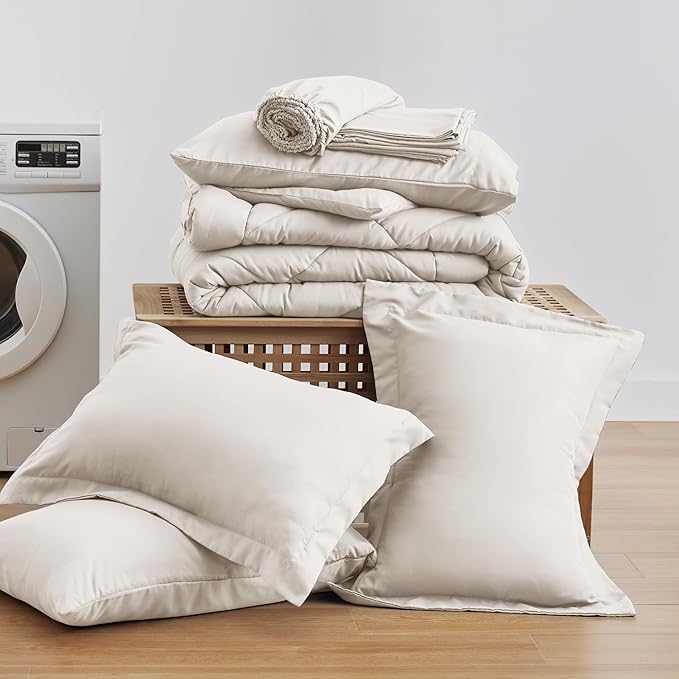 Love's cabin Queen Comforter Set Off White, 7 Pieces Queen Bed in a Bag, All Season Bedding Sets with 1 Comforter, 1 Flat Sheet, 1 Fitted Sheet, 2 Pillowcase and 2 Pillow Sham | Soft, Breathable, Lightweight, Comfortable