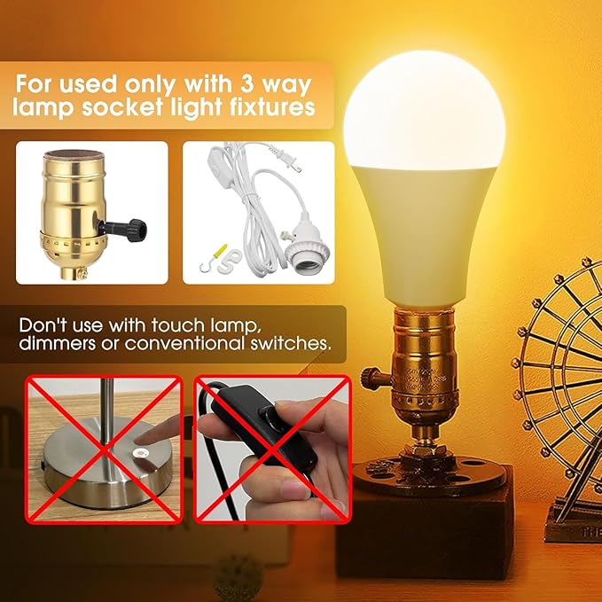 Briignite Amber Light Bulbs, 2 Pack, 3 Way LED Light Bulbs 50 100 150W Equivalent, 1800K Amber Warm Bulbs, Perfect for Reading, Three Way A19 E26 Medium Base