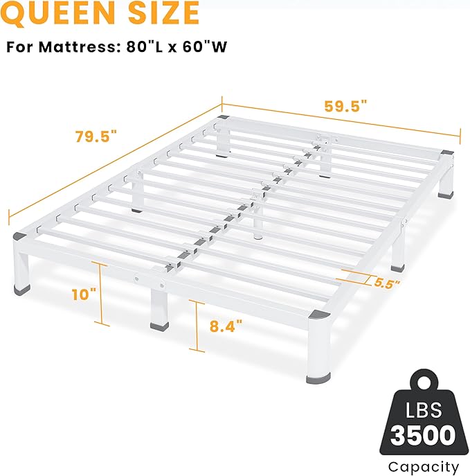 Superay 10 Inch Queen Size Metal Platform Bed Frame with Round Corners, Storage Space Under High Bed Frame-Heavy Duty Steel Slats Support, Noise Free - Easy Assembly - No Box Spring Needed, White