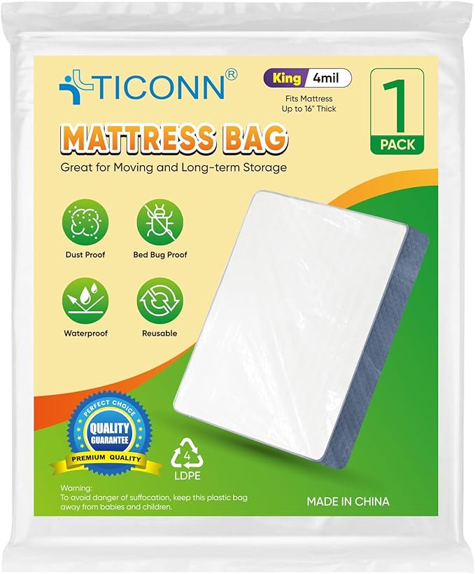 TICONN 1PK Plastic Mattress Bag for Moving Storage, Waterproof Mattress Protector Cover, Heavy-Duty Mattress Moving Supplies (4 mil, King)