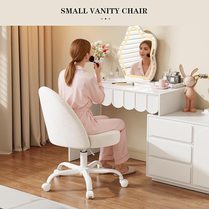 Velvet Vanity Chair with Wheels, Height Adjustable Swivel Makeup Chair, Armless Small Desk Chair for Bedroom/Office/Vanity Table, 250 lbs Capacity (Velvet, White)