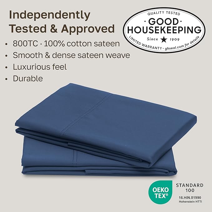 California Design Den King Size Pillow Cases Set of 2 - Luxuriously Soft and Thick 800 Thread Count, Smooth Sateen, Natural 100% Cotton King Pillow Cases, Durable - Classic Blue
