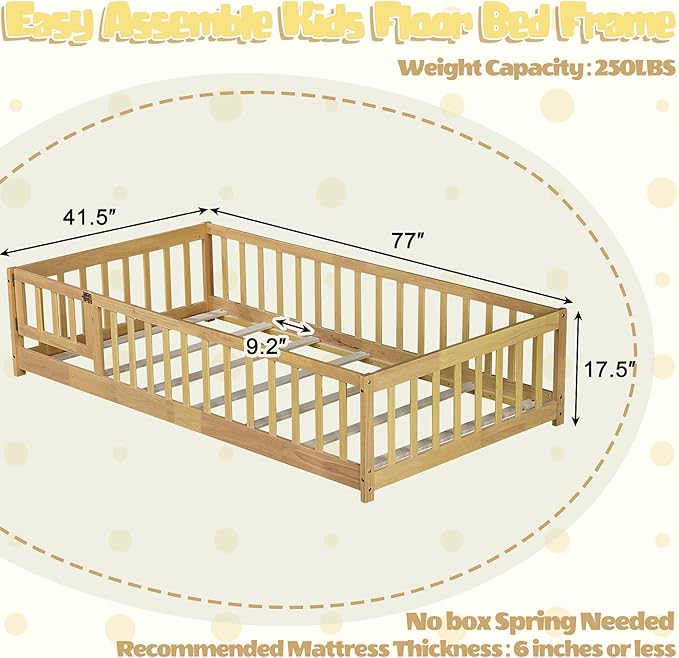 Bellemave Montessori Twin Floor Bed Frame with Fence and Removable Door, Low Profile Twin Size Montessori Bed Frame for Kids, Solid Wooden Floor Beds for Bedroom,Nursery, Natural
