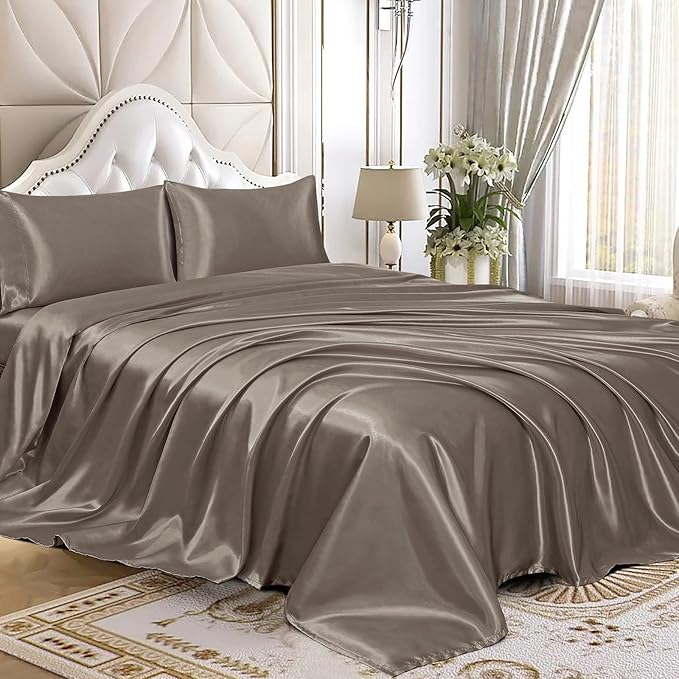 Homiest 4pcs Satin Sheets Set Luxury Silky Satin Bedding Set with Deep Pocket, 1 Fitted Sheet + 1 Flat Sheet + 2 Pillowcases (King Size, Tinfoil Brown)