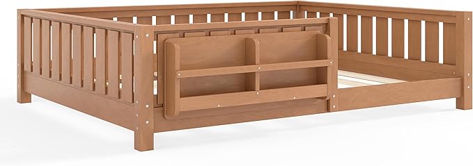 Bellemave Full Size Kids Montessori Bed with Bookshelf,Solid Wood Full Floor Bed Frame with Fence and Slats for Girls Boys,Low-Profile,Dark Natural