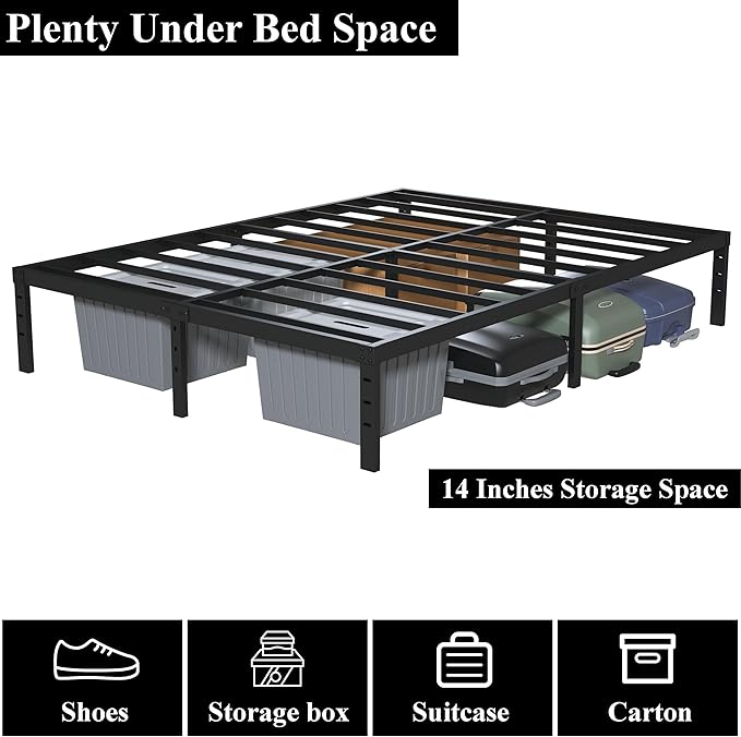 Upcanso 16 Inch California King Bed Frames No Box Spring Need, Platform Cal King Bed Frame with 14 Inch Storage, 3500 lbs Heavy Duty Metal Slats Support, Easy Assembly Mattress Foundation