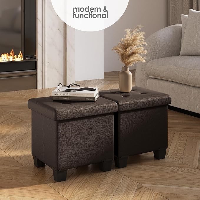 Storage Ottoman Cube with Small Bin, 15-in Square Ottoman with Storage for Living Room and Bedroom, Small Ottomans Foot Rest, Faux Leather Foot Stools Ottomans Max 330lbs, Brown