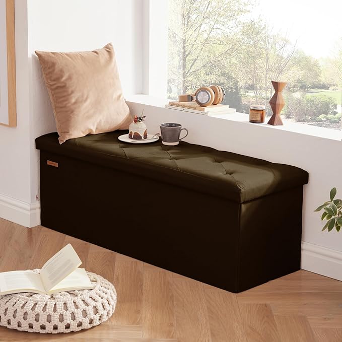 HAUSFRAU Storage Ottoman Bench with Flipping Lid, 43.3 Inches Storage Chest Footsrest, Folding Foot Stool for Entryway, Living Room, Bedroom, Linen Espresso Brown