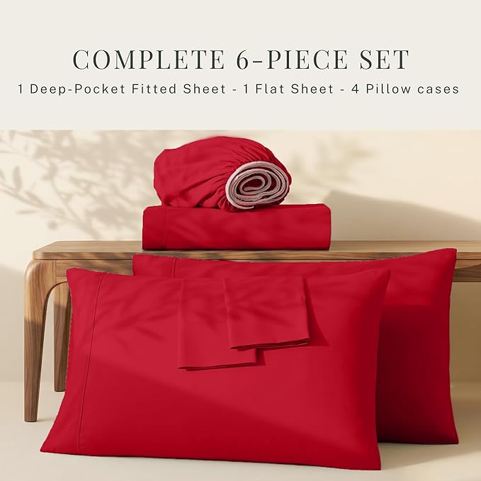 Hearth & Harbor Queen Sheets Sets - 6 Piece, Extra Deep Pocket, Microfiber, Cherry Red