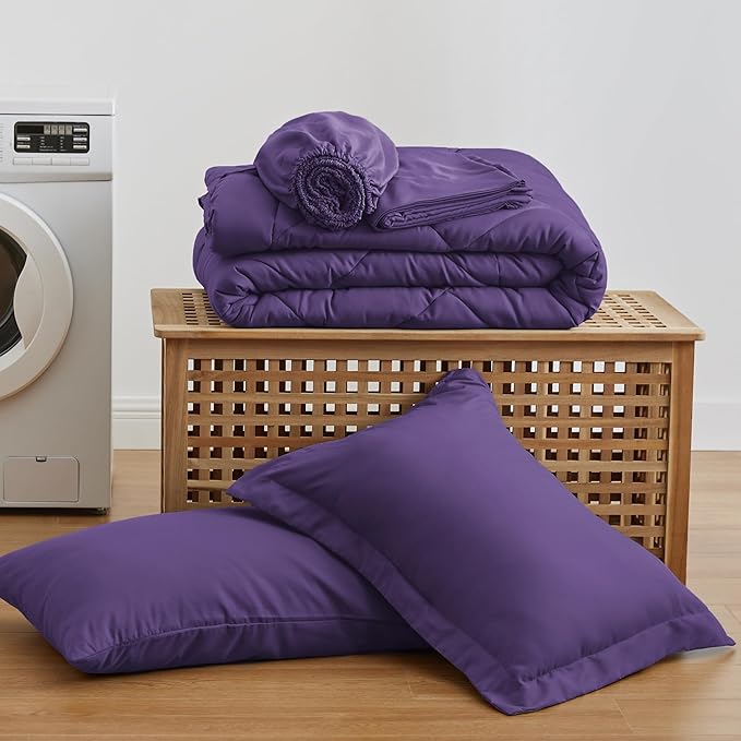 Love's cabin Twin Comforter Set Purple, 5 Pieces Twin Bed in a Bag, All Season Bedding Sets with 1 Comforter, 1 Flat Sheet, 1 Fitted Sheet, 1 Pillowcase and 1 Pillow Sham | Soft, Breathable, Lightweight, Comfortable