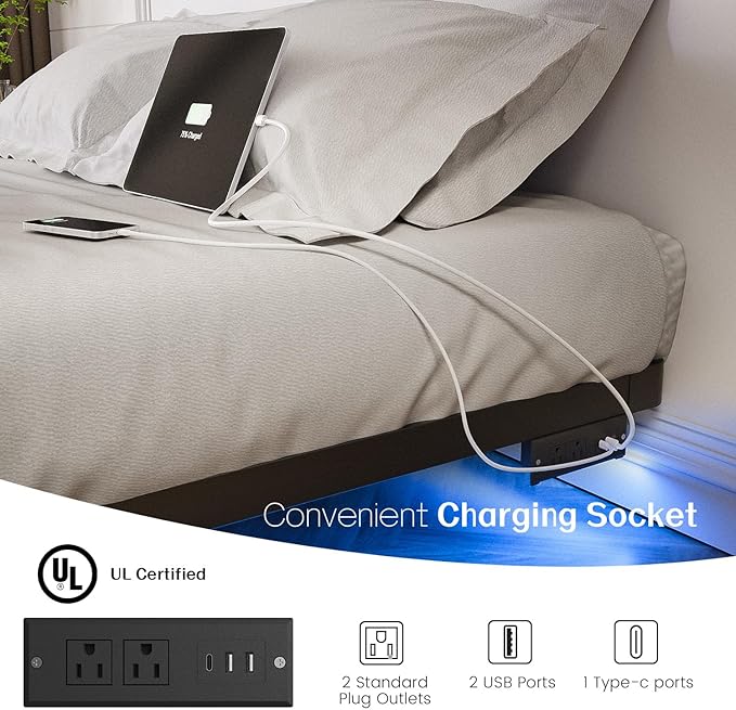 OLEVS Floating Bed Frame Queen Size with Smart LED Lights and Charging Station - Modern Metal Platform Bed, Easy Assembly No Box Spring Needed