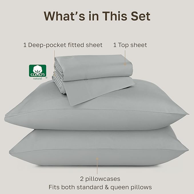 California Design Den Queen Size Bed Sheets Set, 100% Cotton Bed Sheets - Buttery Soft 800 Thread Count Sateen, Deep Pockets Durable Bedding - Light Grey