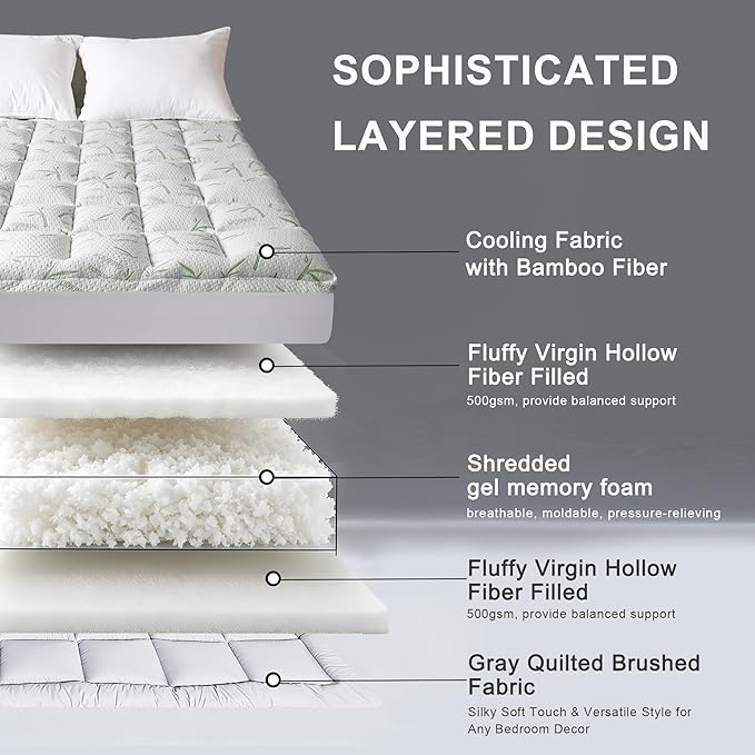 3 Inch Memory Foam Mattress Topper Full Size Viscose from Bamboo Extra Thick 1300 GSM Quilted Fitted Protector Pillow Top Cover for Back Pain Deep Pocket Up to 21 Inches