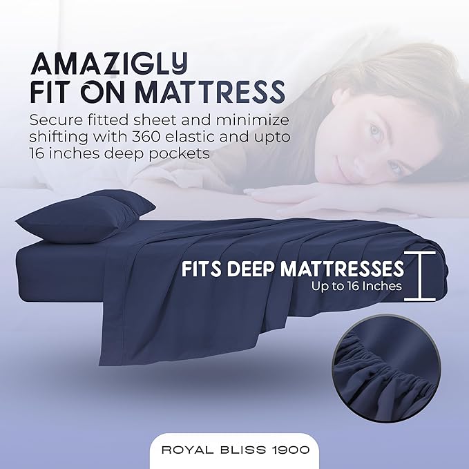 | Split Queen Sheets | 5 Pcs Set of Adjustable Bed Sheets | Soft, Wrinkle-Resistant Navy Blue