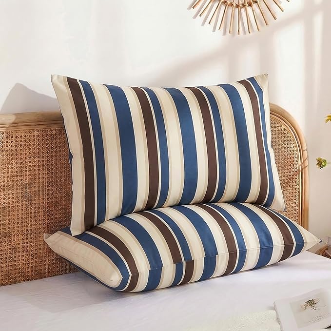 Merryword 100% Cotton Pillow Cases, King Size Pillowcases, Blue Striped Pillowcases, Luxury Linen Like Pillowcase, Soft Breathable Cabana Stripes Pillow Covers, Set of 2