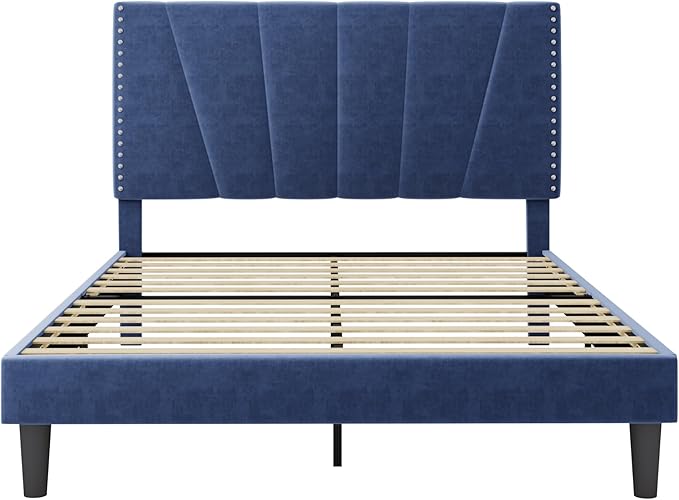 Allewie Full Size Bed Frame with Adjustable Velvet Upholstered Headboard, Rivet-Style Nailhead Trim Detail Platform Bed Frame, Wooden Slat Support, No Box Spring Needed, Easy Assembly, Blue